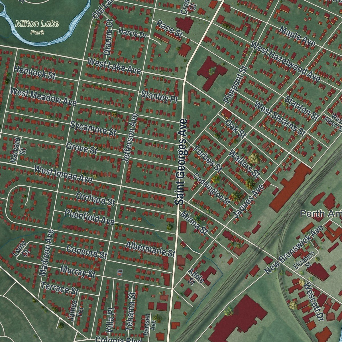 Second close-up of the map of Rahway, New Jersey print showing more streets and buildings