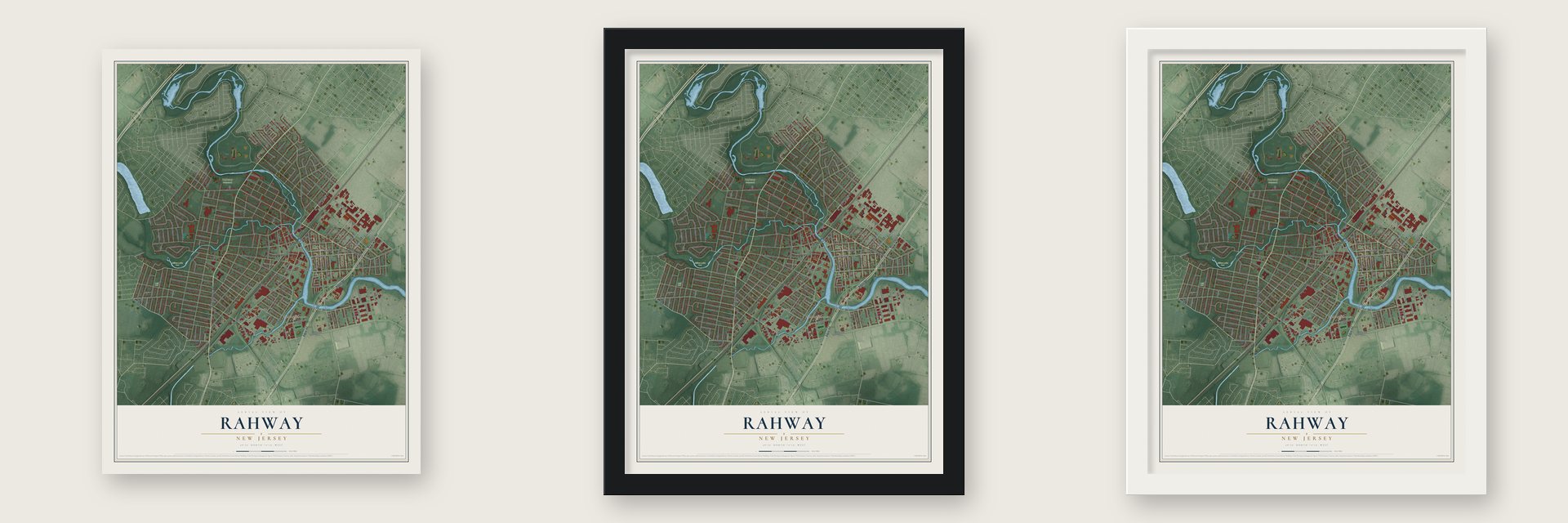 Rahway, New Jersey map unframed, in a black wood frame and in a white wood frame