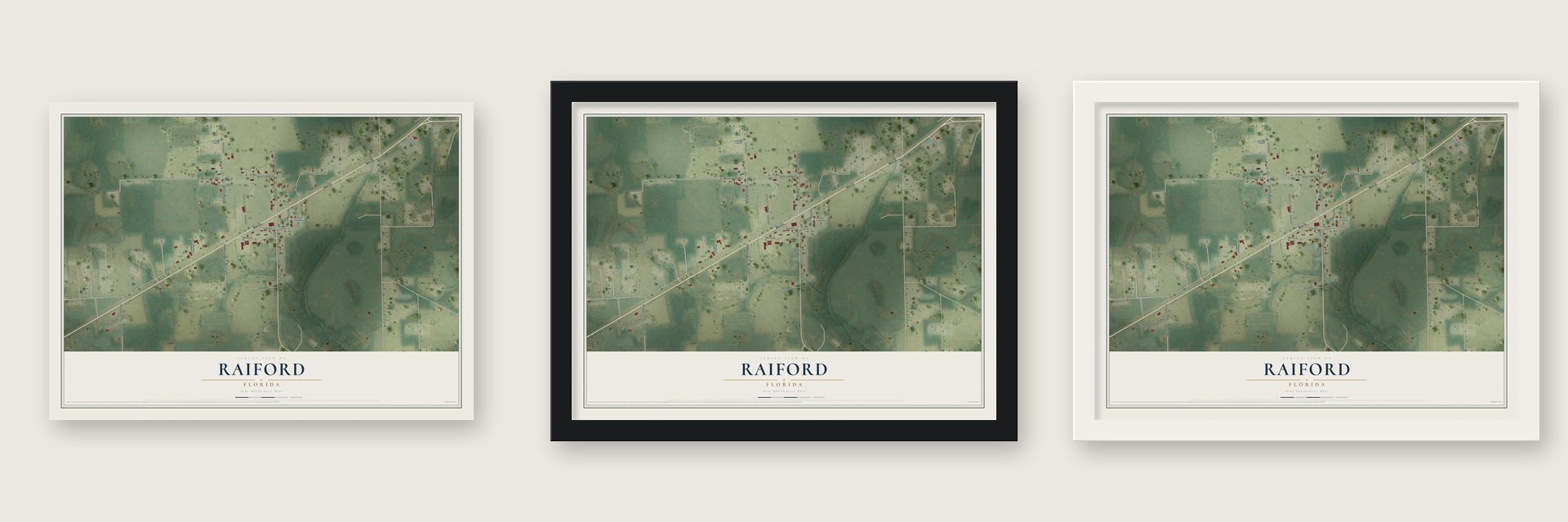Raiford, Florida map unframed, in a black wood frame and in a white wood frame