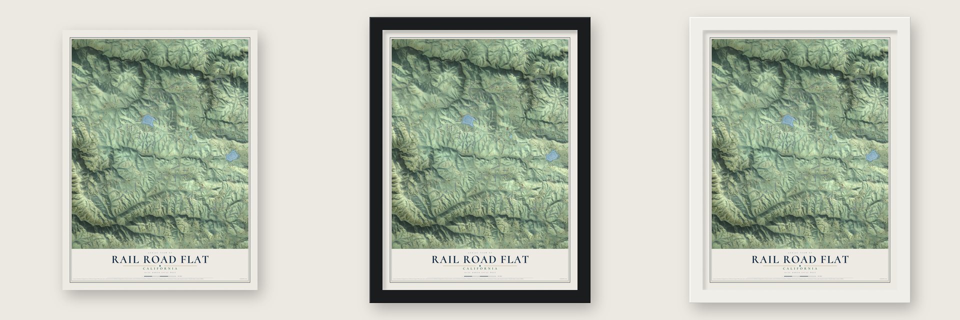 Rail Road Flat, California map unframed, in a black wood frame and in a white wood frame