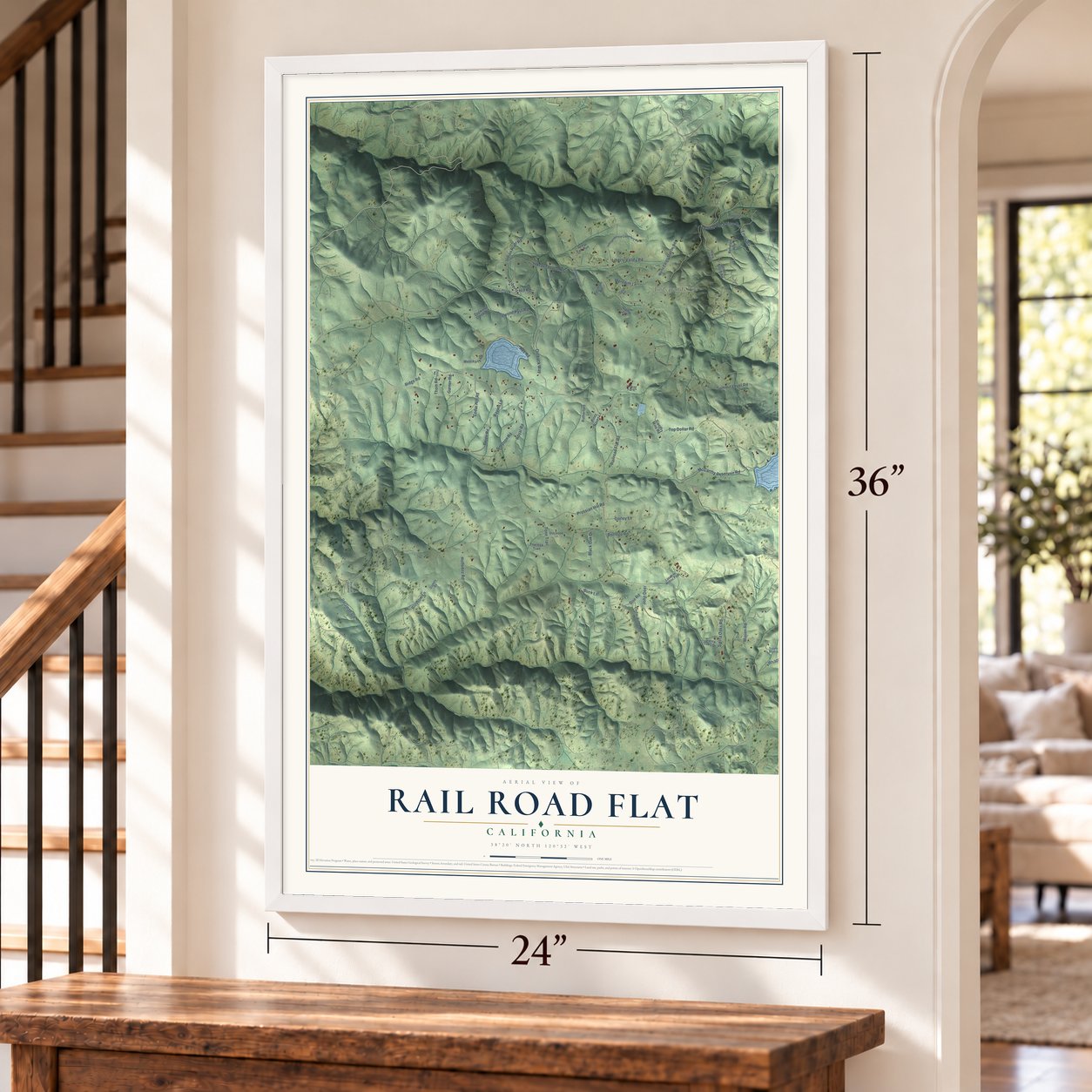 Rail Road Flat, California map, 24 x 36 inch print in a white frame by a staircase