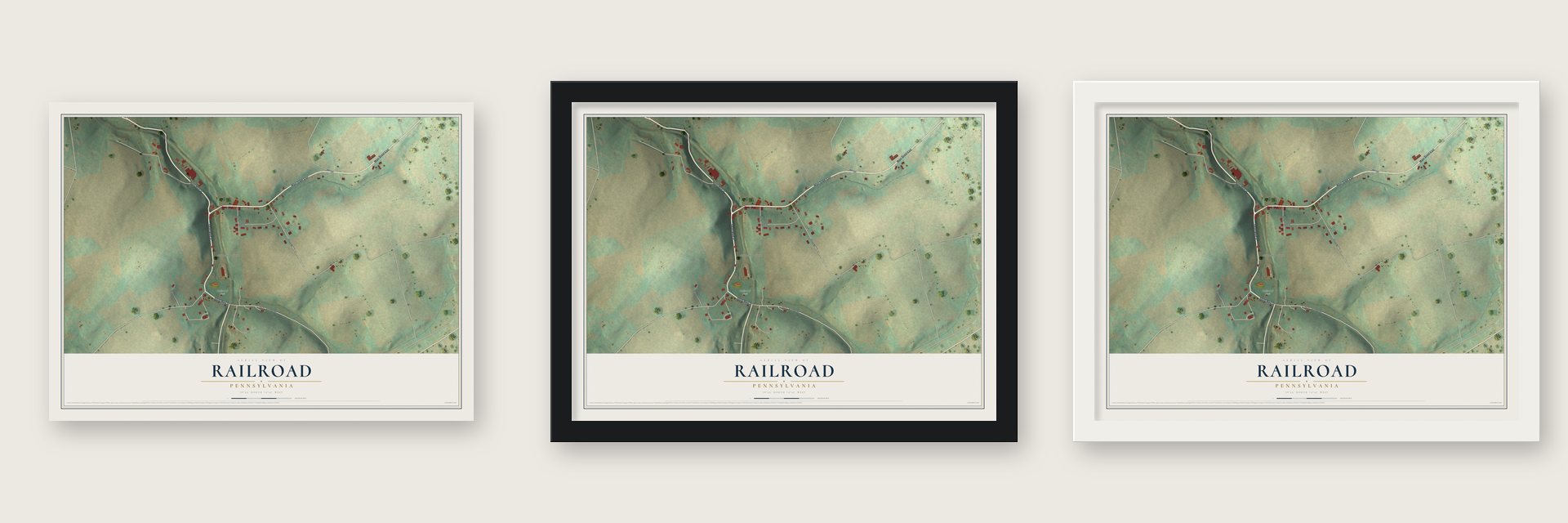 Railroad, Pennsylvania map unframed, in a black wood frame and in a white wood frame
