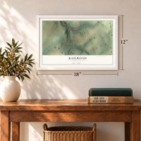 Railroad, Pennsylvania map, 12 x 18 inch print in a white frame in an entryway