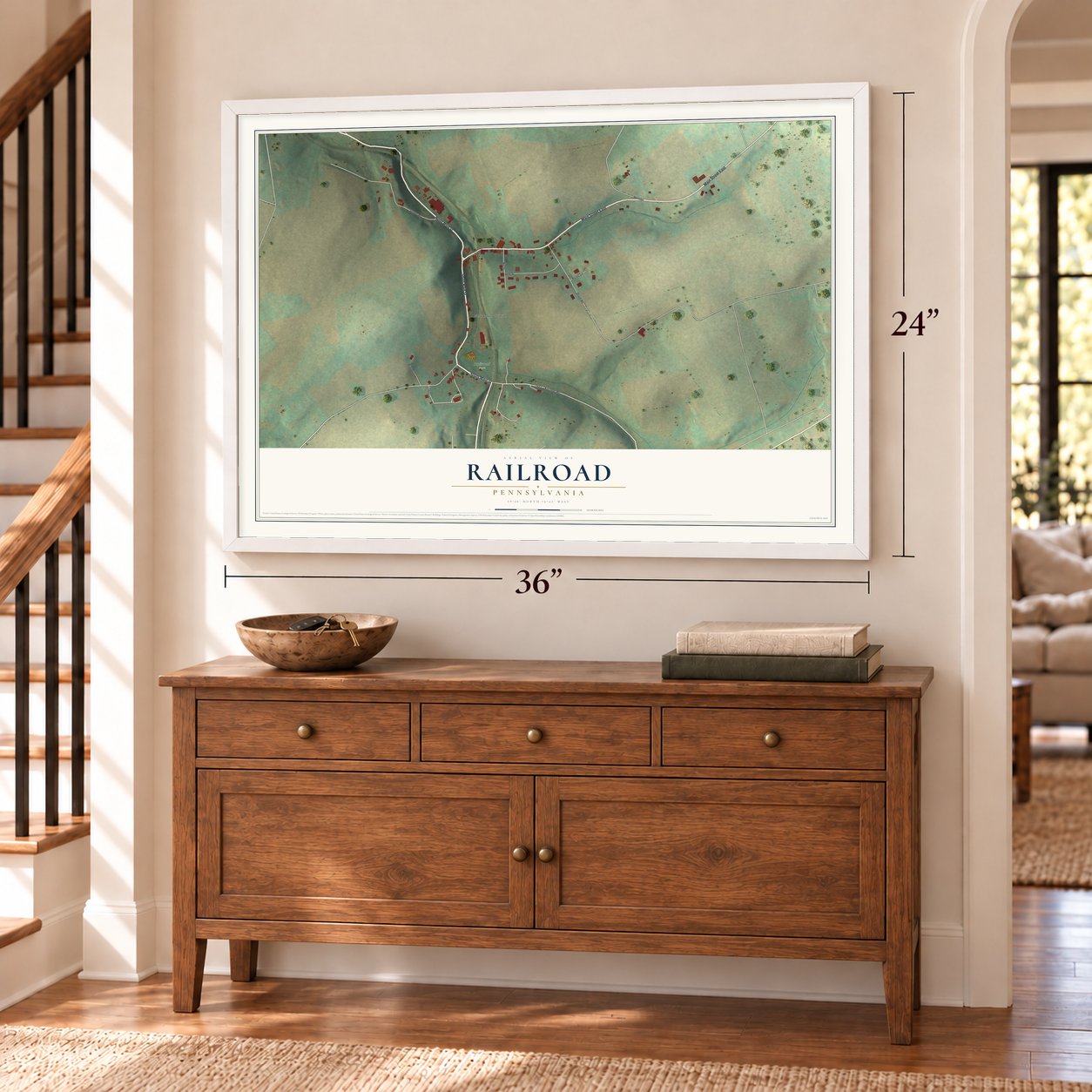 Railroad, Pennsylvania map, 24 x 36 inch print in a white frame above a dresser by a staircase