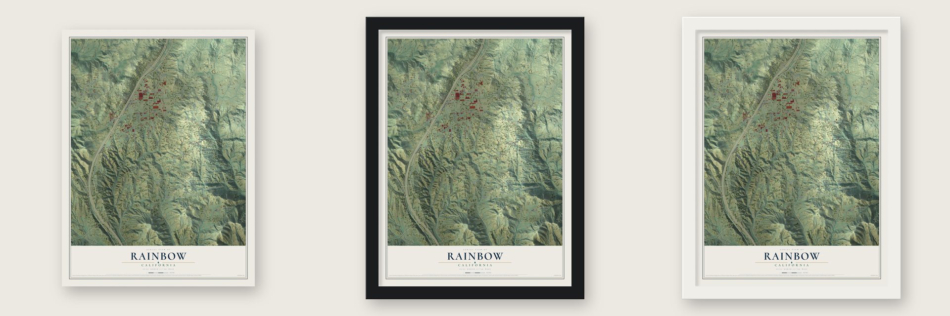 Rainbow, California map unframed, in a black wood frame and in a white wood frame