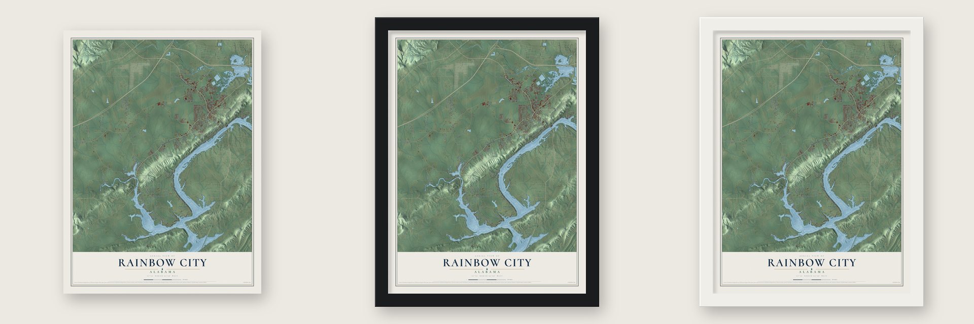 Rainbow City, Alabama map unframed, in a black wood frame and in a white wood frame