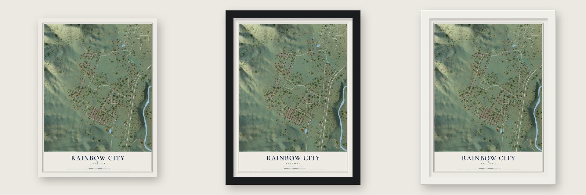 Rainbow City, Arizona map unframed, in a black wood frame and in a white wood frame