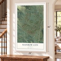 Rainbow City, Arizona map, 24 x 36 inch print in a white frame by a staircase