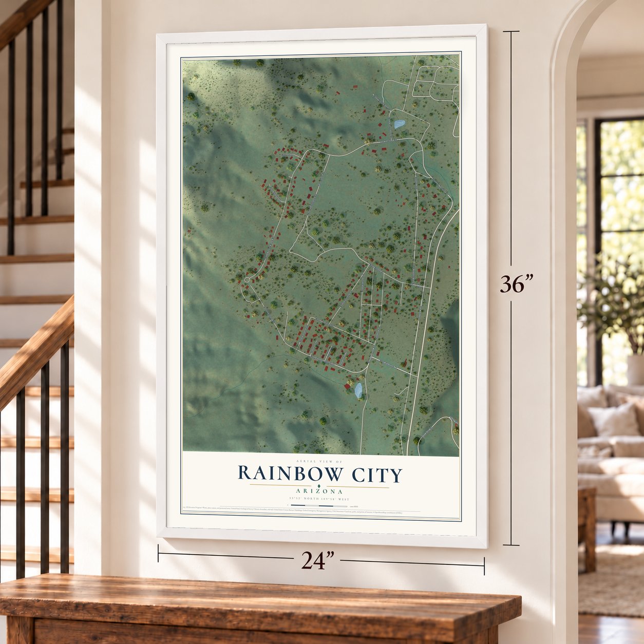 Rainbow City, Arizona map, 24 x 36 inch print in a white frame by a staircase