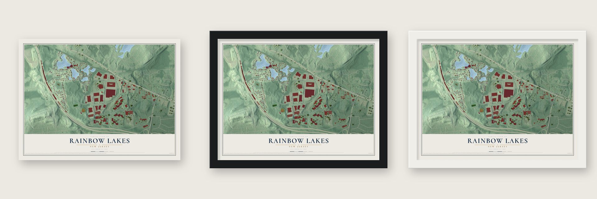Rainbow Lakes, New Jersey map unframed, in a black wood frame and in a white wood frame