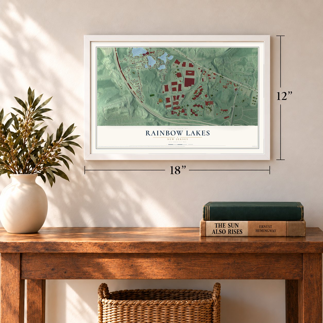 Rainbow Lakes, New Jersey map, 12 x 18 inch print in a white frame in an entryway