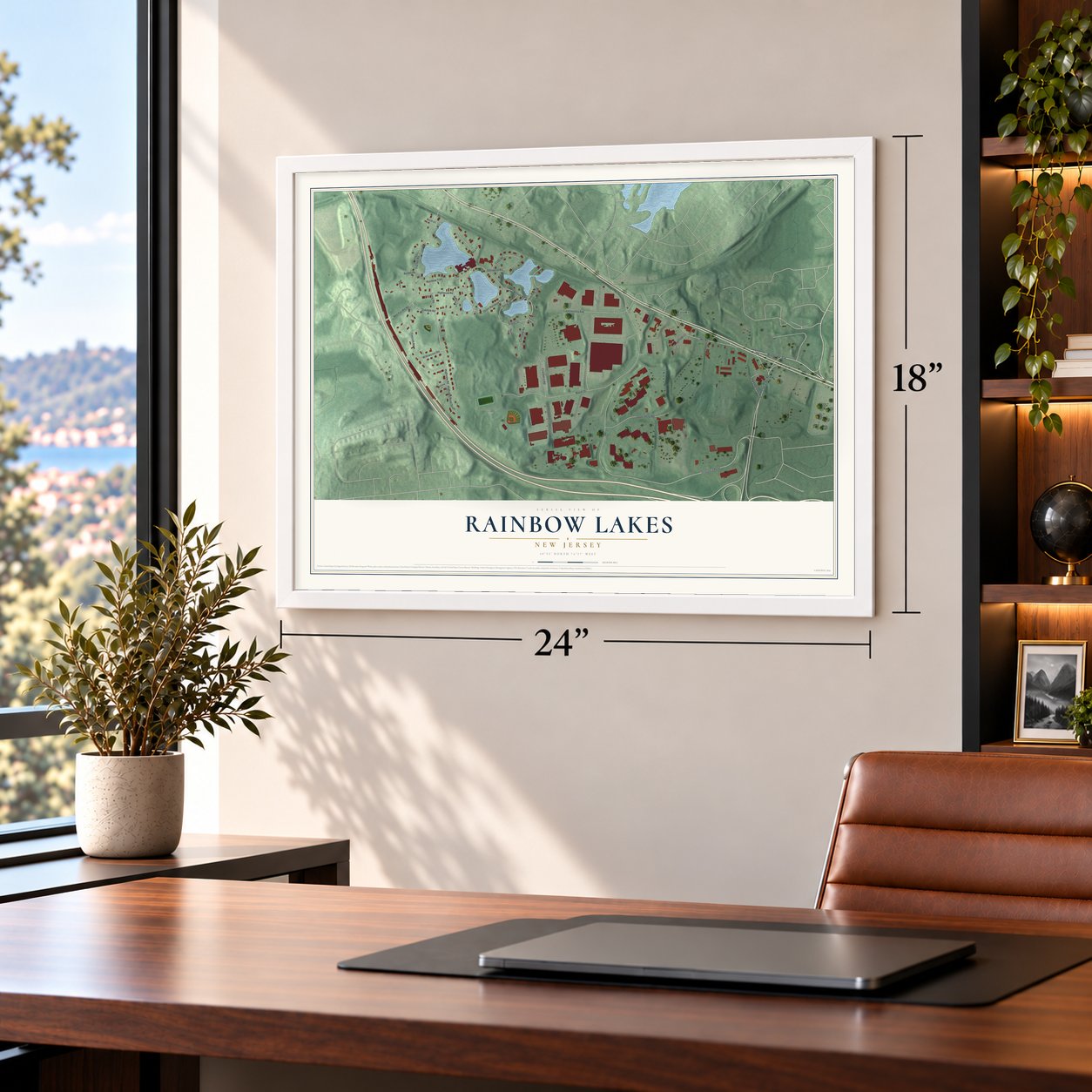 Rainbow Lakes, New Jersey map, 18 x 24 inch print in a white frame in a home office