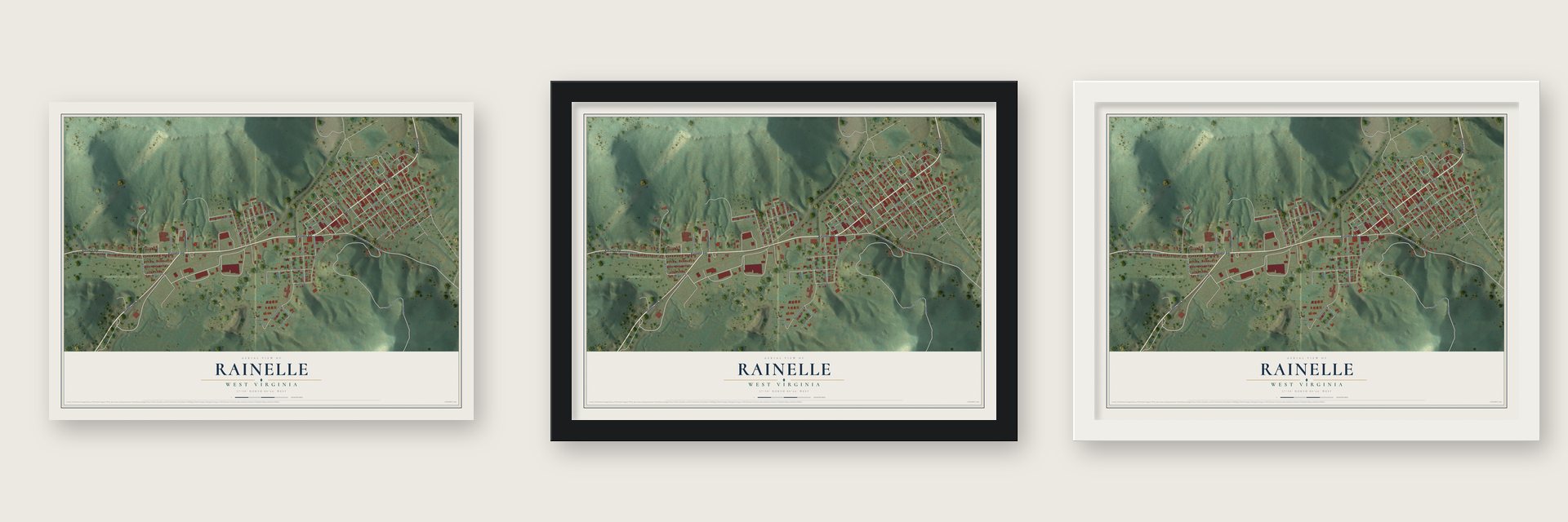 Rainelle, West Virginia map unframed, in a black wood frame and in a white wood frame
