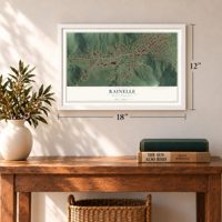 Rainelle, West Virginia map, 12 x 18 inch print in a white frame in an entryway