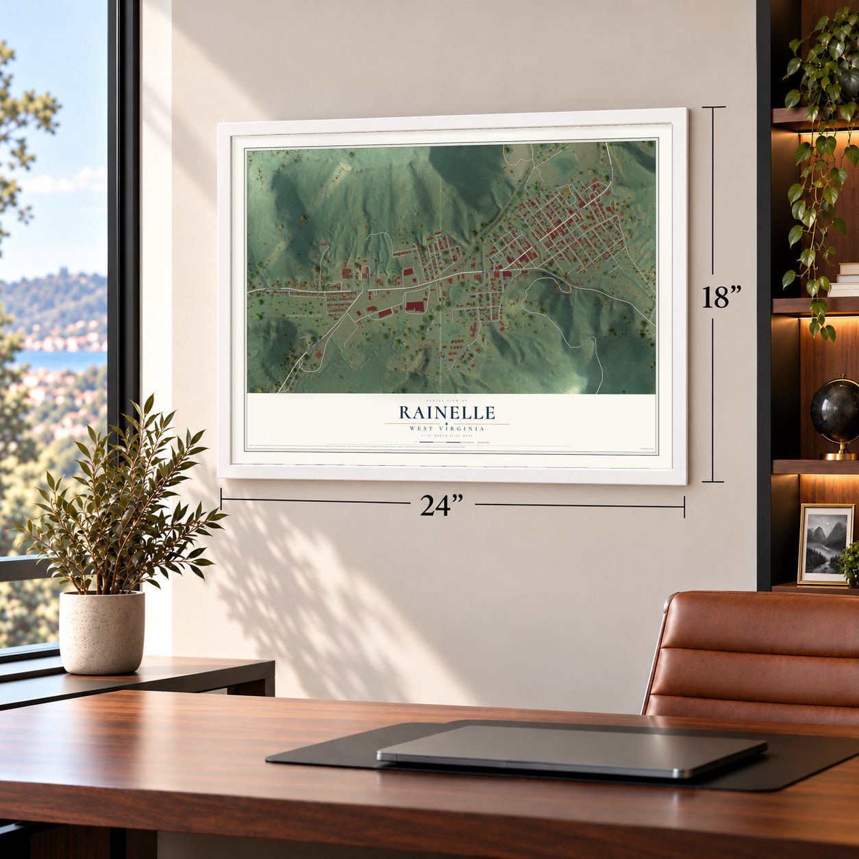 Rainelle, West Virginia map, 18 x 24 inch print in a white frame in a home office