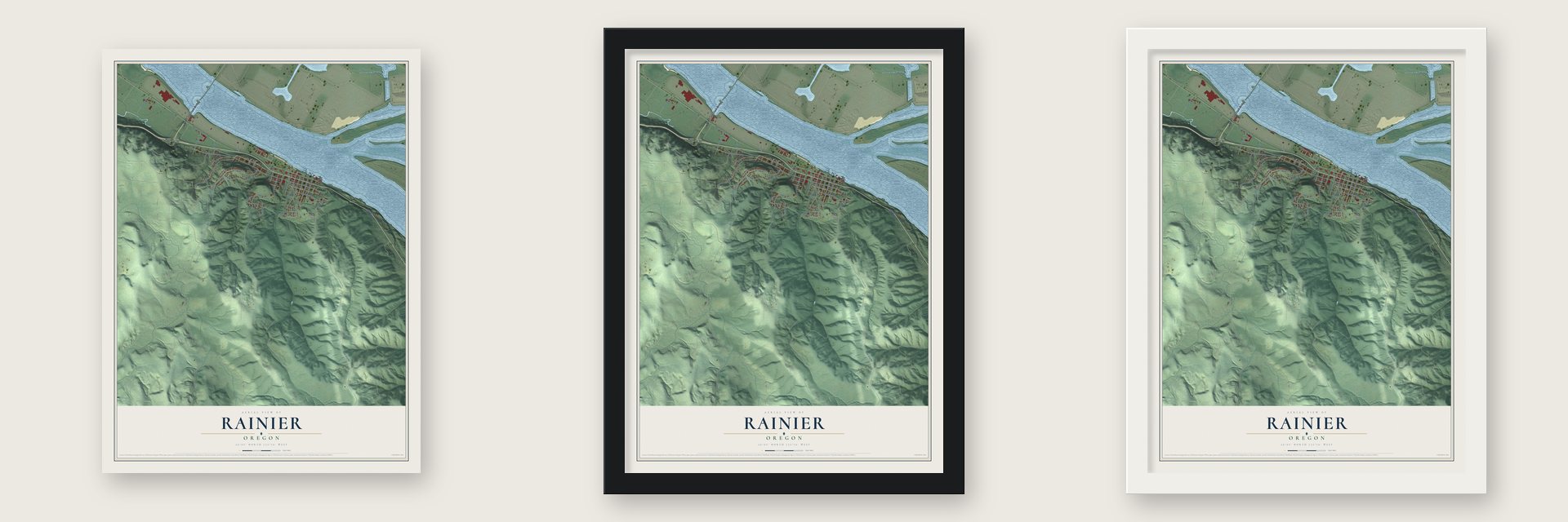 Rainier, Oregon map unframed, in a black wood frame and in a white wood frame