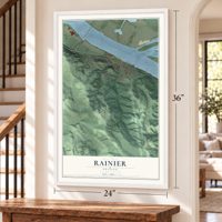 Rainier, Oregon map, 24 x 36 inch print in a white frame by a staircase