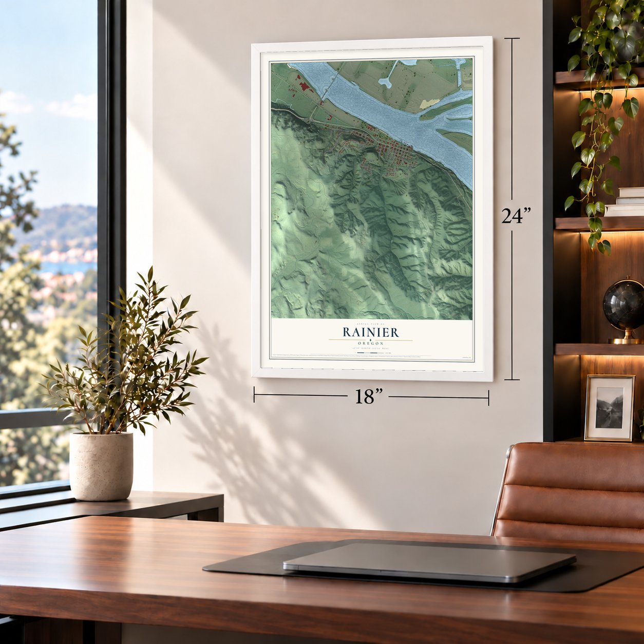 Rainier, Oregon map, 18 x 24 inch print in a white frame in a home office