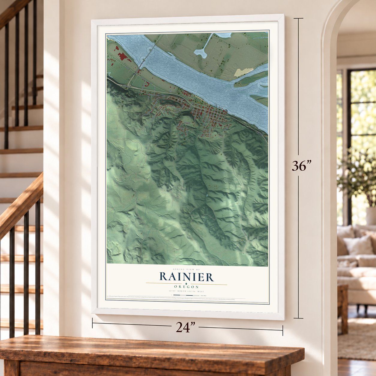 Rainier, Oregon map, 24 x 36 inch print in a white frame by a staircase