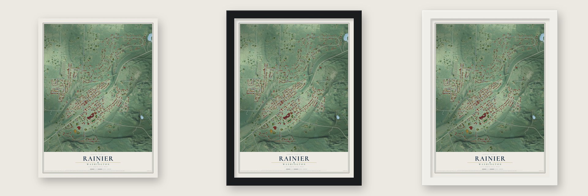 Rainier, Washington map unframed, in a black wood frame and in a white wood frame