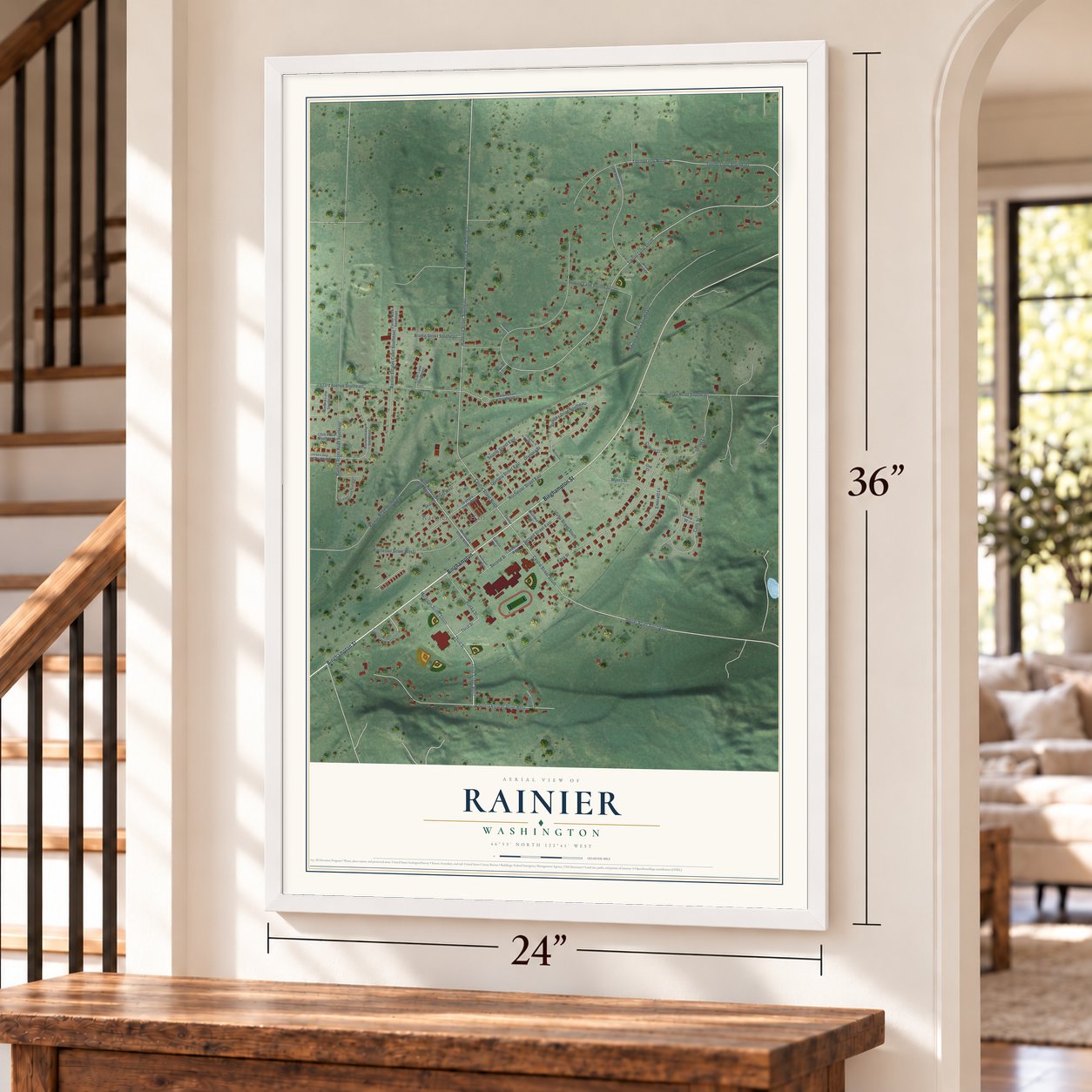 Rainier, Washington map, 24 x 36 inch print in a white frame by a staircase