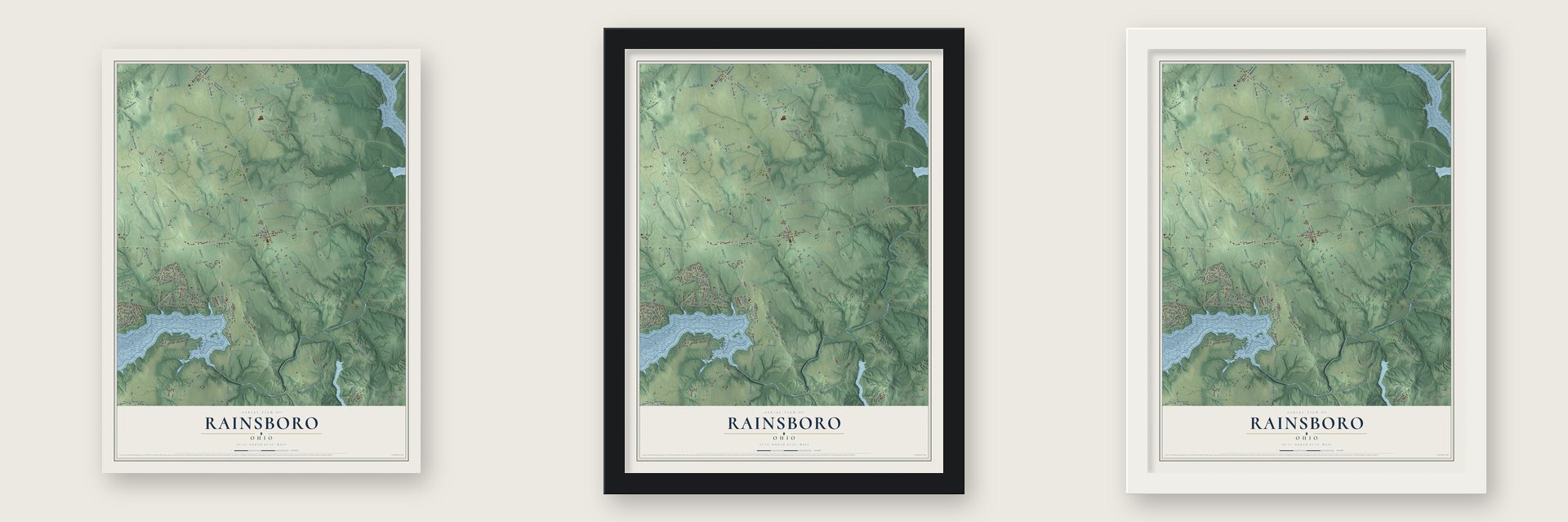 Rainsboro, Ohio map unframed, in a black wood frame and in a white wood frame