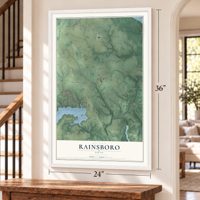 Rainsboro, Ohio map, 24 x 36 inch print in a white frame by a staircase