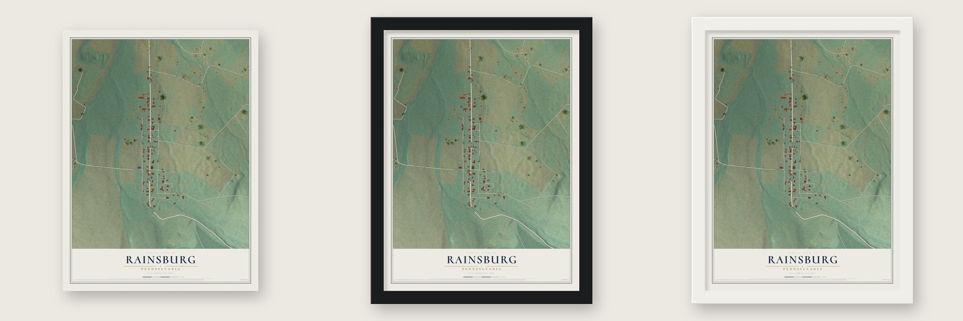 Rainsburg, Pennsylvania map unframed, in a black wood frame and in a white wood frame