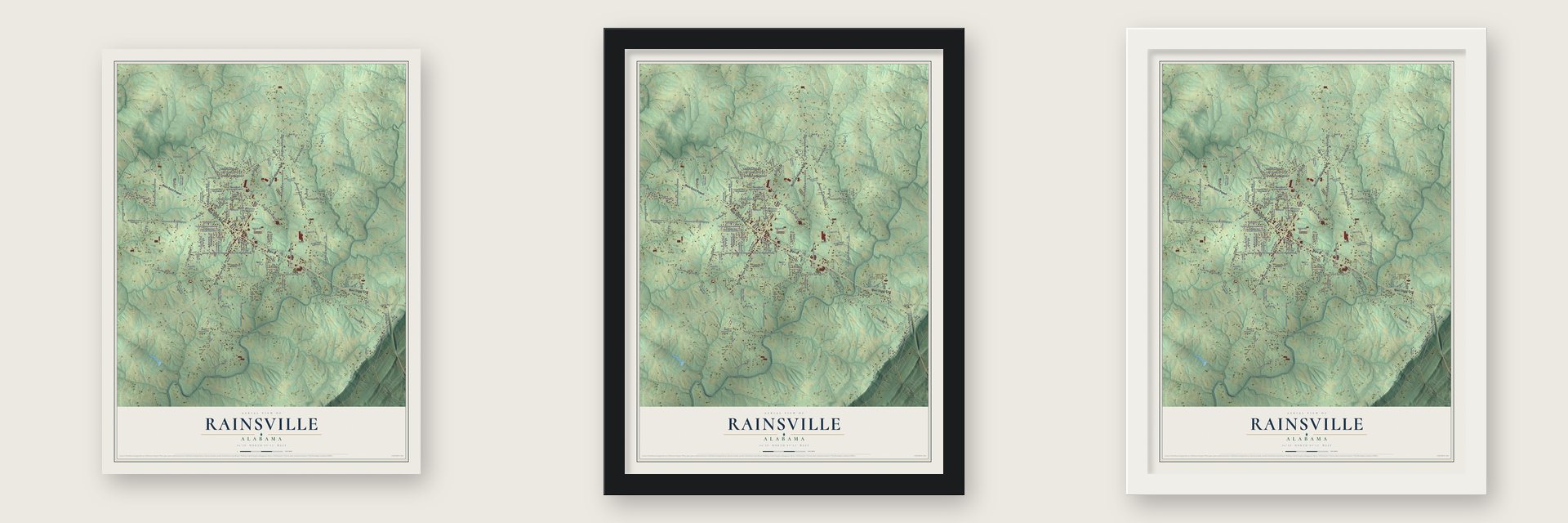 Rainsville, Alabama map unframed, in a black wood frame and in a white wood frame