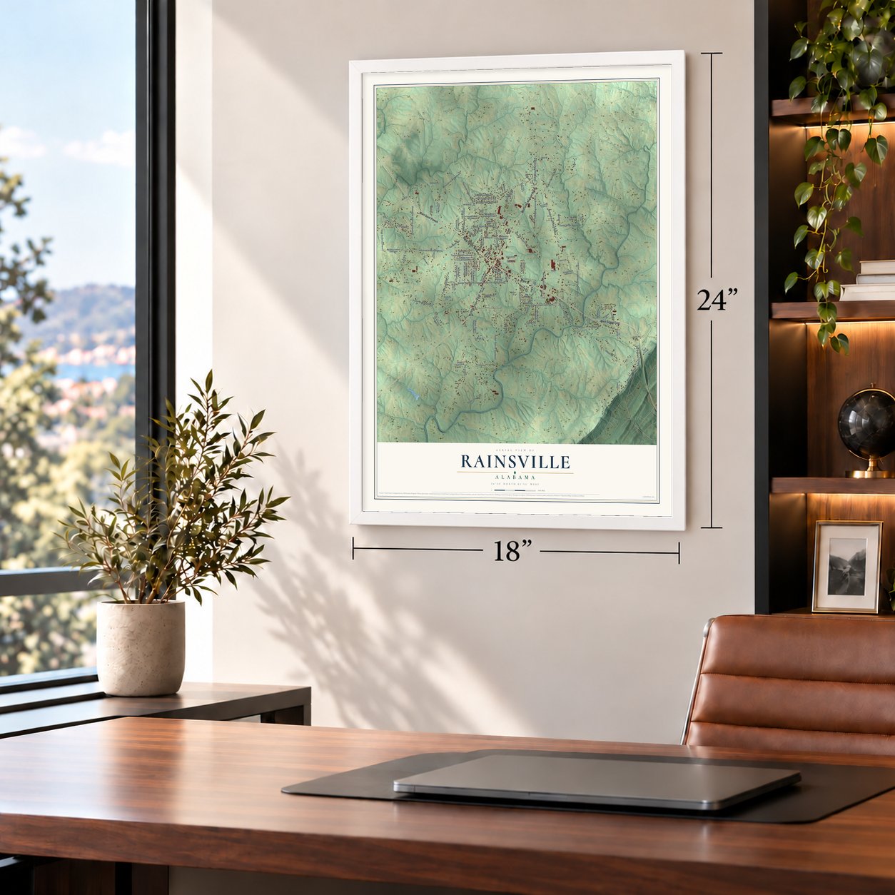 Rainsville, Alabama map, 18 x 24 inch print in a white frame in a home office
