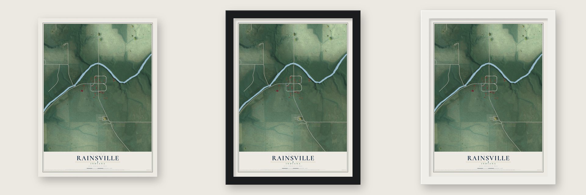 Rainsville, Indiana map unframed, in a black wood frame and in a white wood frame