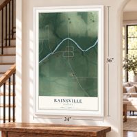 Rainsville, Indiana map, 24 x 36 inch print in a white frame by a staircase