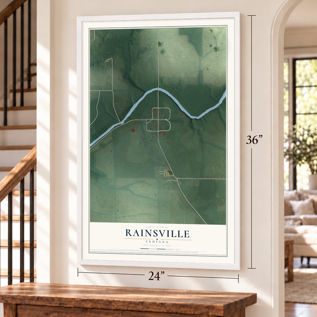 Rainsville, Indiana map, 24 x 36 inch print in a white frame by a staircase