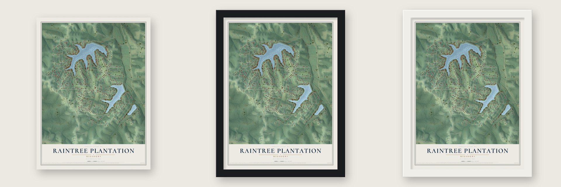Raintree Plantation, Missouri map unframed, in a black wood frame and in a white wood frame