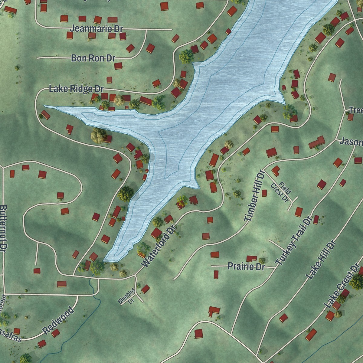 Second close-up of the map of Raintree Plantation, Missouri print showing more streets and buildings