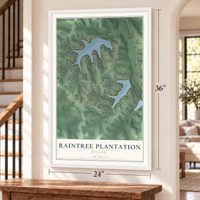 Raintree Plantation, Missouri map, 24 x 36 inch print in a white frame by a staircase