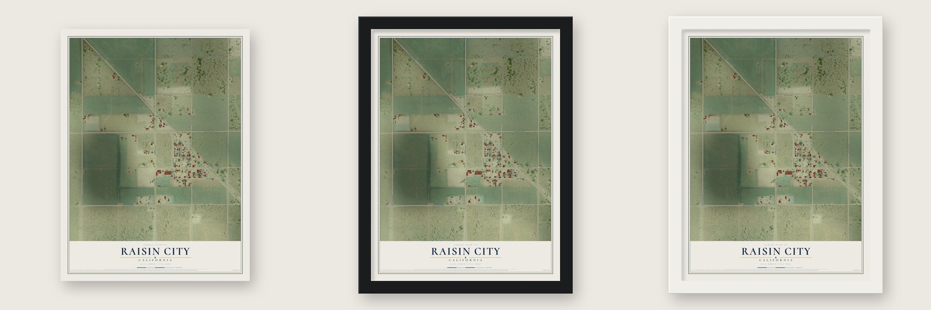 Raisin City, California map unframed, in a black wood frame and in a white wood frame