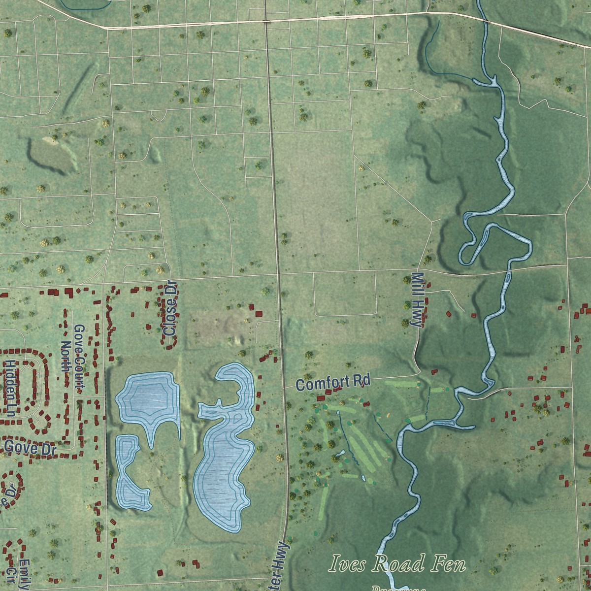 Second close-up of the map of Raisin, Michigan print showing more streets and buildings