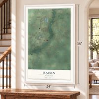 Raisin, Michigan map, 24 x 36 inch print in a white frame by a staircase
