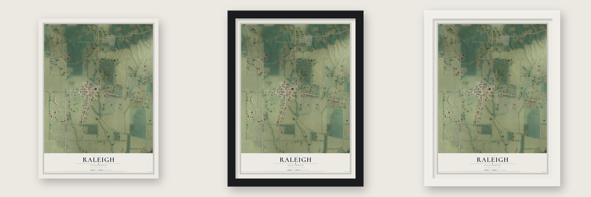 Raleigh, Illinois map unframed, in a black wood frame and in a white wood frame