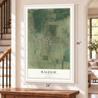Raleigh, Illinois map, 24 x 36 inch print in a white frame by a staircase