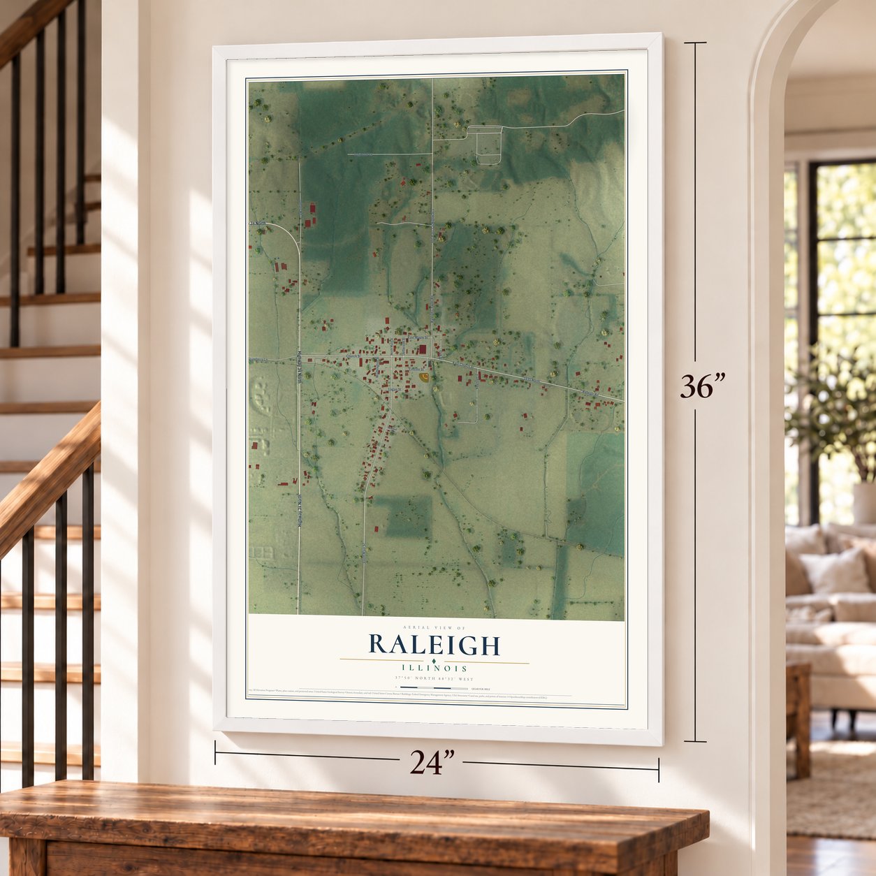 Raleigh, Illinois map, 24 x 36 inch print in a white frame by a staircase