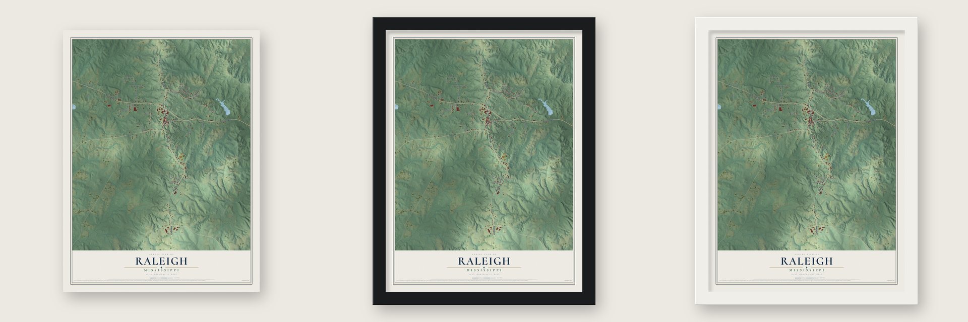 Raleigh, Mississippi map unframed, in a black wood frame and in a white wood frame