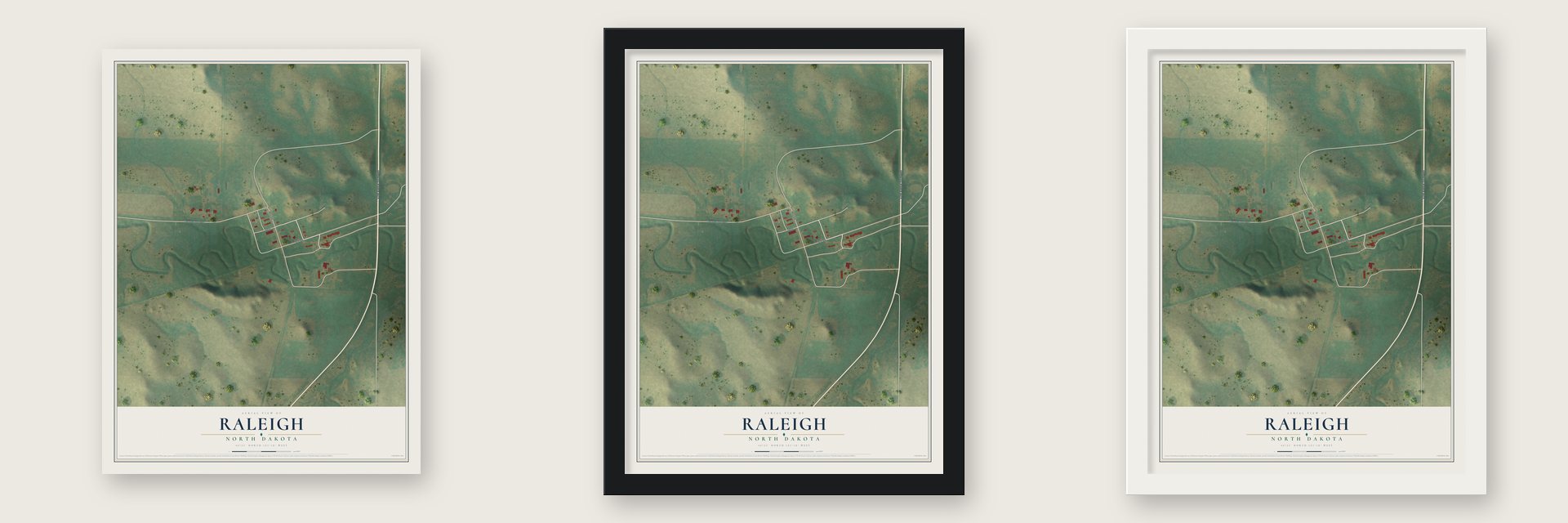 Raleigh, North Dakota map unframed, in a black wood frame and in a white wood frame