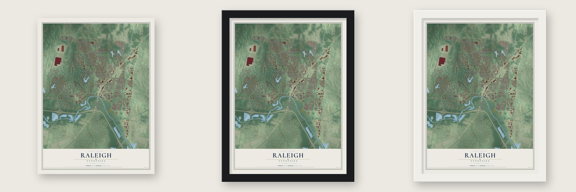 Raleigh, Tennessee map unframed, in a black wood frame and in a white wood frame