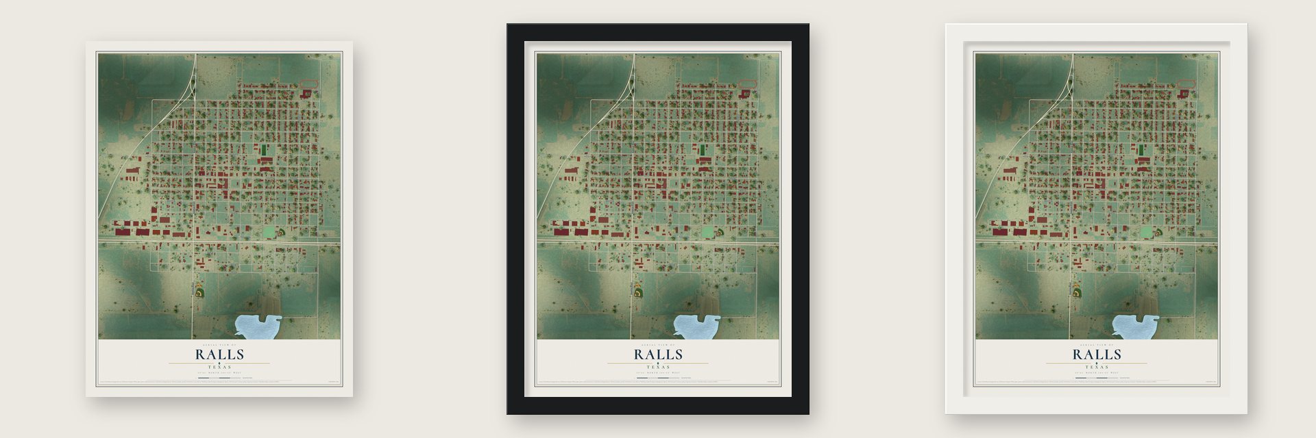 Ralls, Texas map unframed, in a black wood frame and in a white wood frame