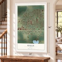 Ralls, Texas map, 24 x 36 inch print in a white frame by a staircase