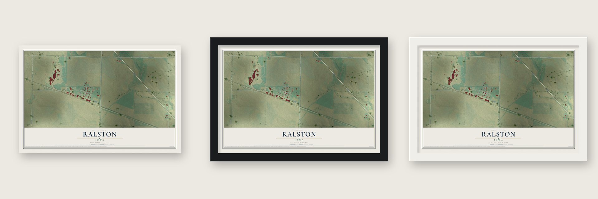 Ralston, Iowa map unframed, in a black wood frame and in a white wood frame