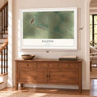 Ralston, Iowa map, 24 x 36 inch print in a white frame above a dresser by a staircase
