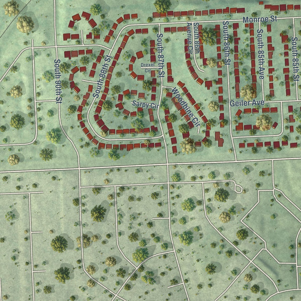 Second close-up of the map of Ralston, Nebraska print showing more streets and buildings